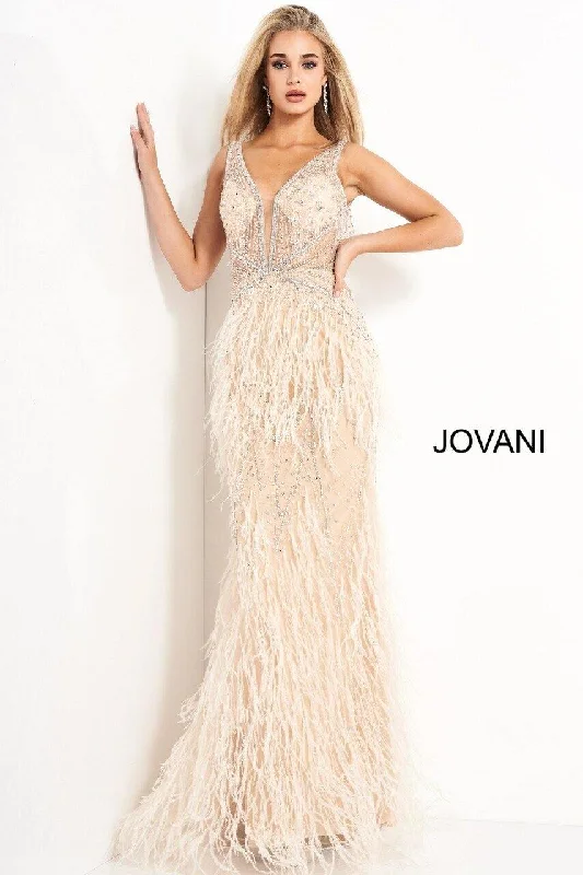Perfect Prom Dress Jovani 03023 Prom Long Sleeveless Feather Dress Blush