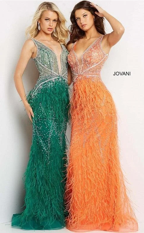 Bold Print Formal Dress Jovani 03023 Prom Long Sleeveless Feather Dress Emerald