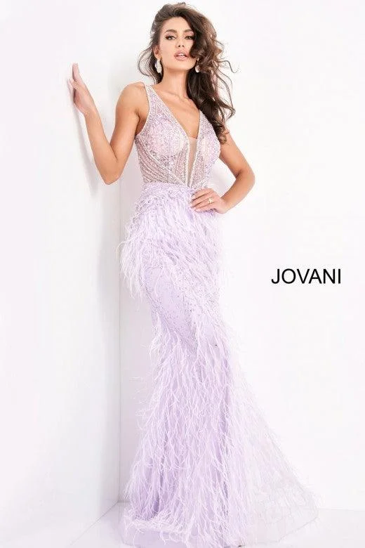 Show-Stopping Evening Gown Jovani 03023 Prom Long Sleeveless Feather Dress Lilac
