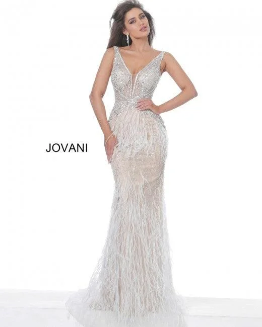 Cinderella Style Dress Jovani 03023 Prom Long Sleeveless Feather Dress Off White
