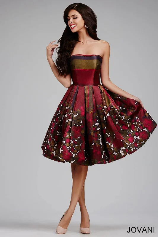 Metallic Formal Dress Jovani M429 Strapless Floral Print Short Dress