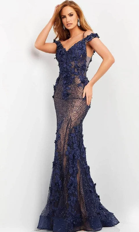 Mermaid Cut Dress Jovani - V-Neck Floral Applique Evening Dress 06649SC