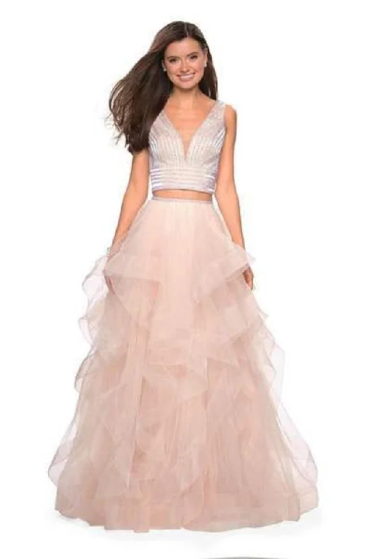 One-Shoulder Satin Dress La Femme - 27445 Two-Piece Plunging Beaded Bodice Tiered Gown
