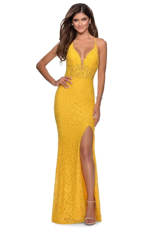 Brocade Formal Dress La Femme - 28591 Lace Deep V-neck Junior Prom Dress