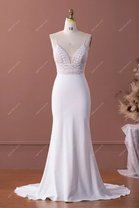 Puffy Sleeve Dress Lace Plunging Crepe Mermaid Wedding Dress