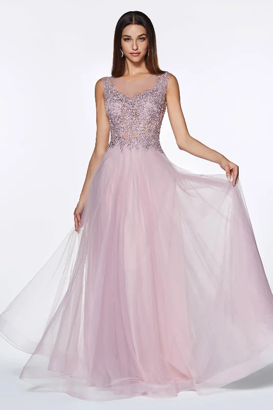 Chic Satin Dress Cinderella Divine CD0136 Long Formal Closed Back Lace Prom Dress