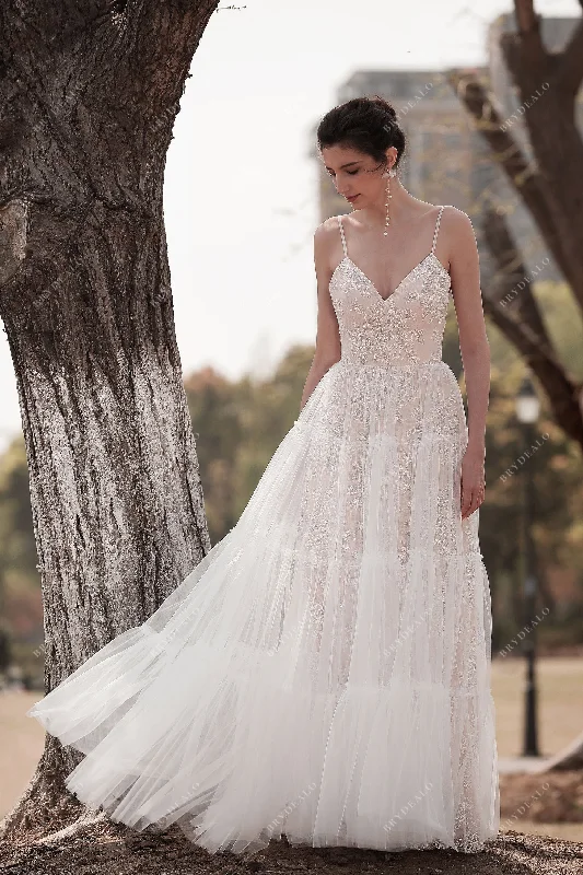 Sparkly Mermaid Dress Straps Floral Lace Tulle Fall Beach Wedding Dress