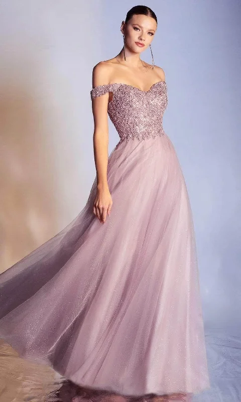 Romantic Soft Satin Dress Ladivine CD0177 - Metallic Lace Appliqued Glitter A-Line Gown