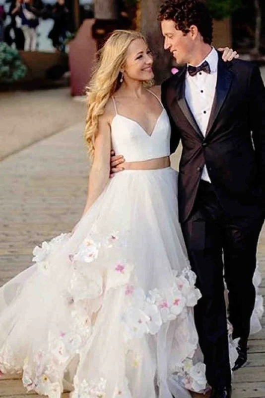 Structured Evening Gown Latest Eye-catching Stylish A-Line Two Piece Spaghetti Tulle Long Prom/Wedding dress with Flowers Structured Evening Gown Latest Eye-catching Stylish A-Line Two Piece Spaghetti Tulle Long Prom/Wedding dress with Flowers