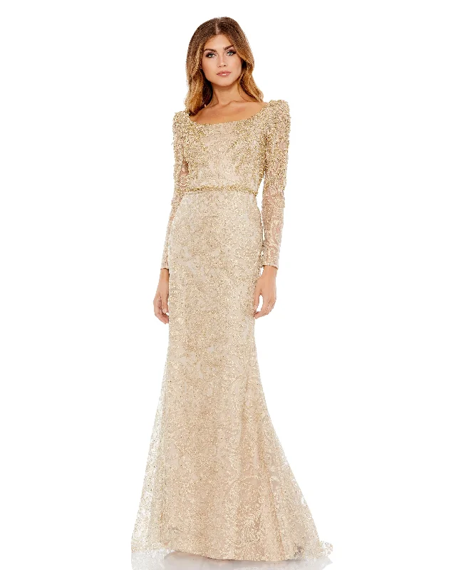Ruched Satin Dress Light Gold 10 Mac Duggal 11187 Long Sleeve Formal Dress Sale