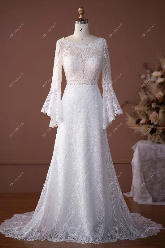 Romantic Soft Satin Dress Long Bell Sleeves Bohemian Lace Wedding Dress
