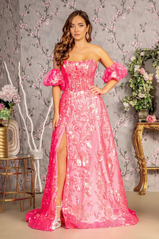 Figure-Flattering Gown Long Formal Detachable Sleeve Sequin Prom Dress