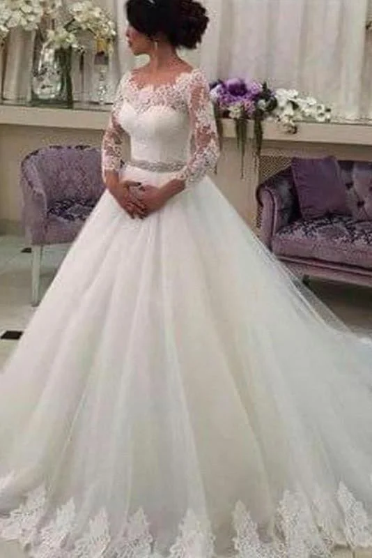 Statement Prom Dress Long Sleeves Ball Gowns Lace CustomizedTulle Wedding Dress