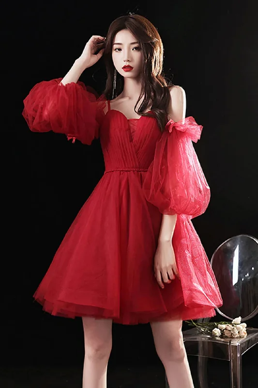 Majestic Ball Gown Long Sleeves Short Burgundy Tulle Prom Dresses, Short Burgundy Tulle Formal Homecoming Dresses Majestic Ball Gown Long Sleeves Short Burgundy Tulle Prom Dresses, Short Burgundy Tulle Formal Homecoming Dresses