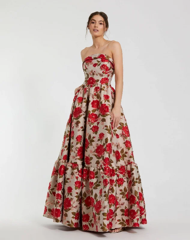 Chic Satin Dress Mac Duggal 11827 Long Formal Prom Floral A Line Dress