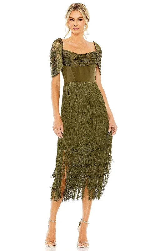 Timeless Satin Dress Mac Duggal 20568 - Short Sleeve Fringe Detailed Knee-length Dress