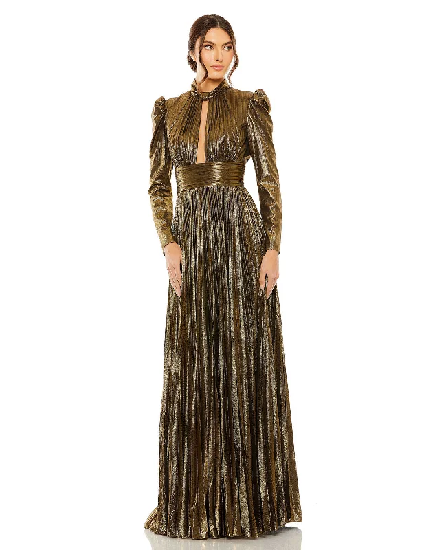 Fancy Beaded Gown Mac Duggal 30758 Metallic Long Sleeve Pleated Formal Prom Dress