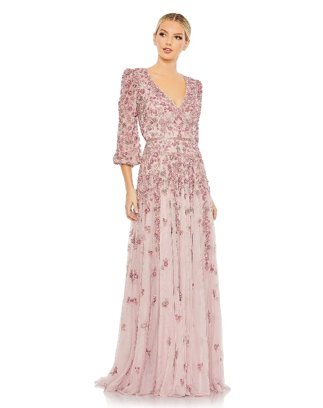Midnight Blue Gown Mac Duggal 5497 Floral Beaded Formal Evening Long Gown