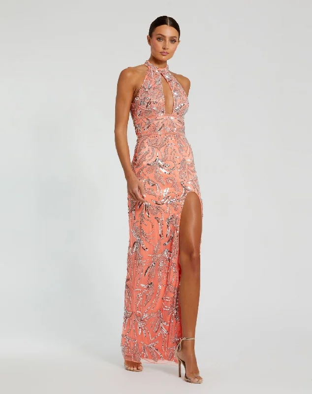 Elegant Beaded Dress Mac Duggal 6030 Long Fitted Slit Beaded Prom Formal Dress