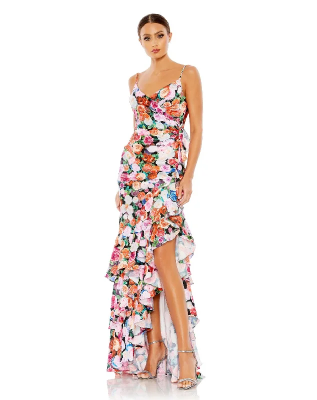 Puffy Sleeve Dress Mac Duggal 68075 Floral Print Formal Prom Long Ruffle Dress