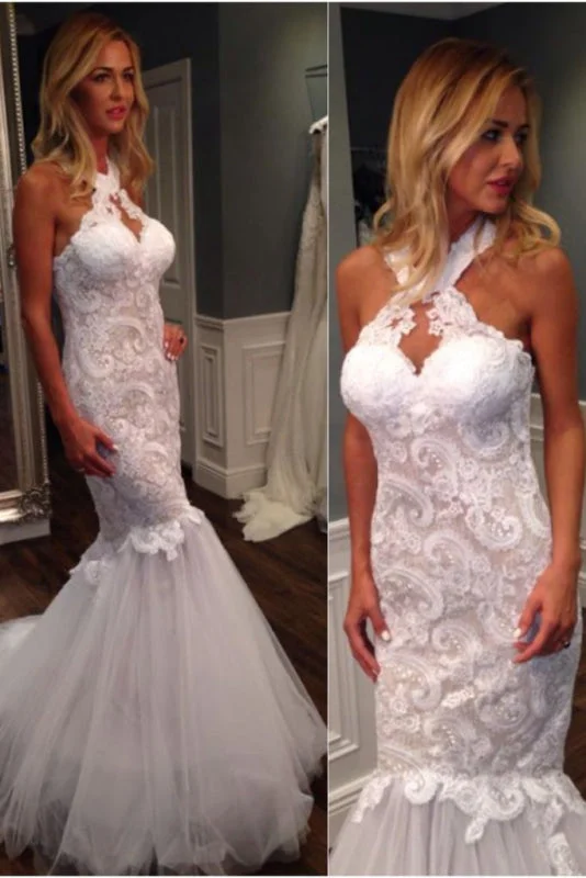 Perfect Prom Dress Mermaid Halter Sleeveless Tulle with Lace Appliques Long Wedding Dress Perfect Prom Dress Mermaid Halter Sleeveless Tulle with Lace Appliques Long Wedding Dress