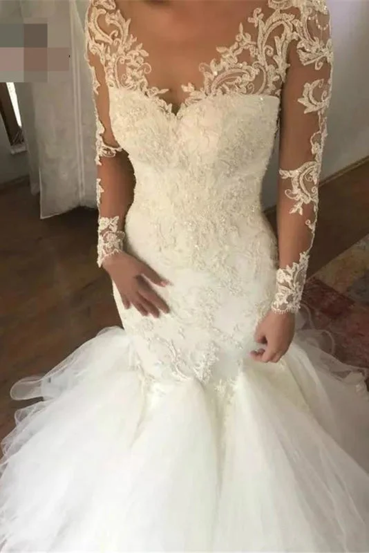 Vintage Lace Dress Mermaid Sleeves V Neck Long Lace Appliques Wedding Dress
