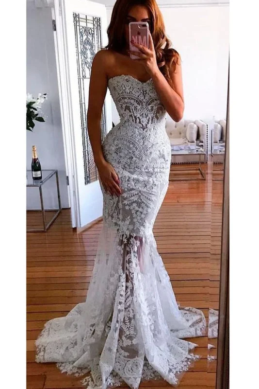 Brocade Formal Dress Mermaid Sweetheart Long Lace Appliques Sexy Wedding Dress