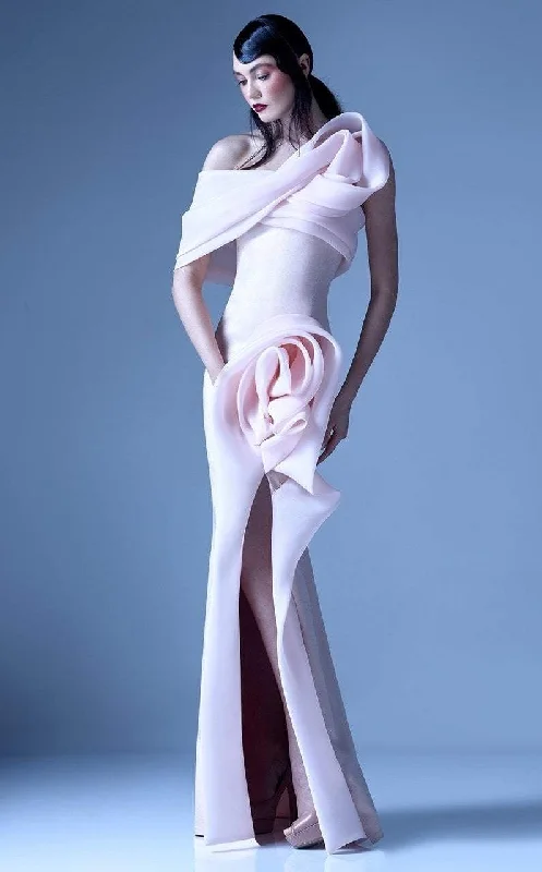Hollywood-Inspired Gown MNM Couture - G0935 One Shoulder 3D Floral Accent Fitted Gown w Slit