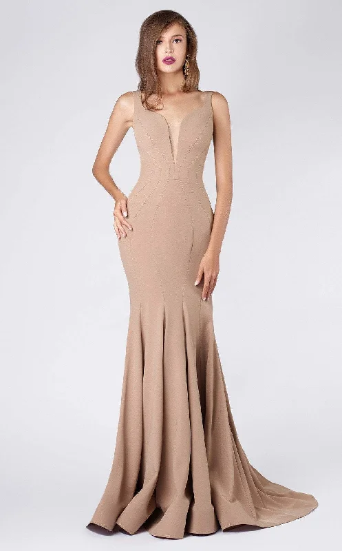 Mermaid Cut Dress MNM Couture - M0008 Illusion V Neck Crepe Trumpet Evening Gown
