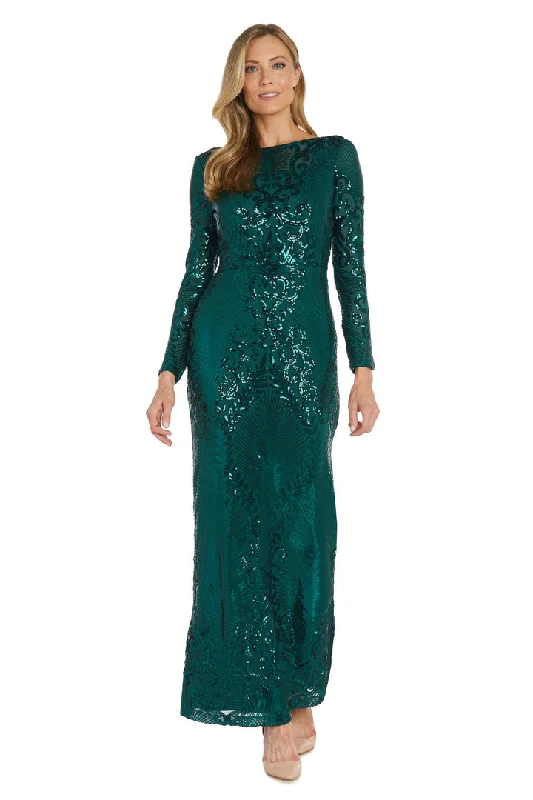 Dark Green Dress Nightway 22269 Long Sleeve Patterned Sequin Formal Dress