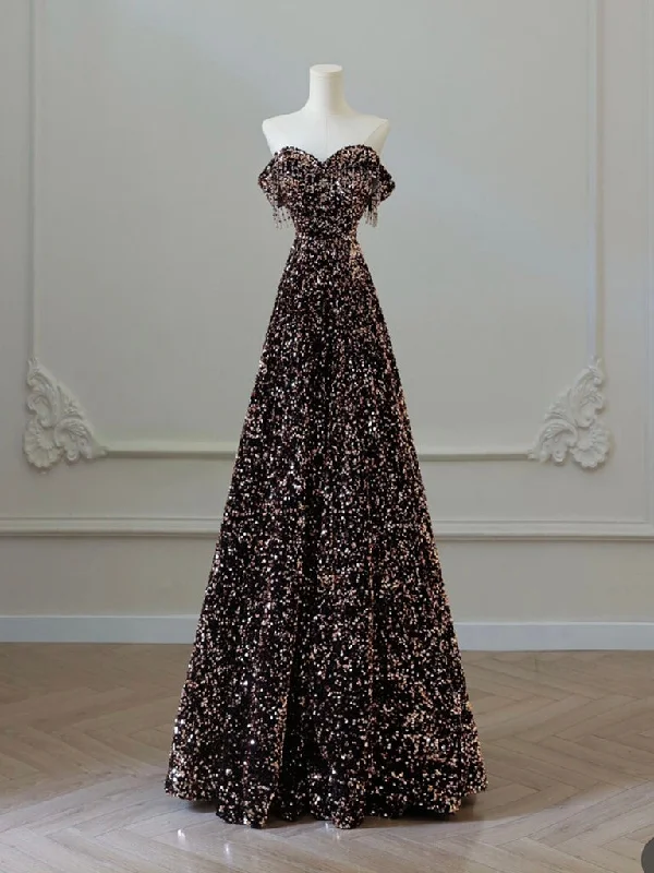 One-Shoulder Satin Dress Off Shoulder A-Line Coffee Gold Sequin Long Prom Dress, Coffee Gold Evening Dress One-Shoulder Satin Dress Off Shoulder A-Line Coffee Gold Sequin Long Prom Dress, Coffee Gold Evening Dress