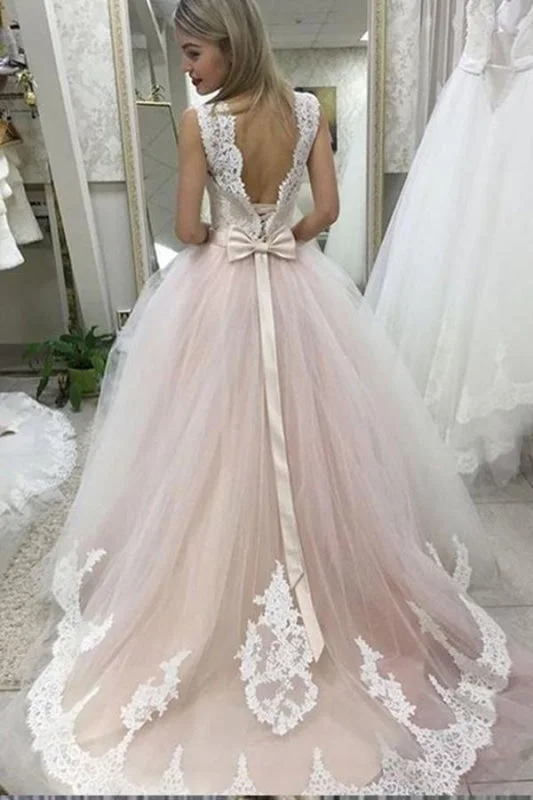 Silk Ball Gown Pale Pink Court Train with Lace Appliques Sleeveless Wedding Dress