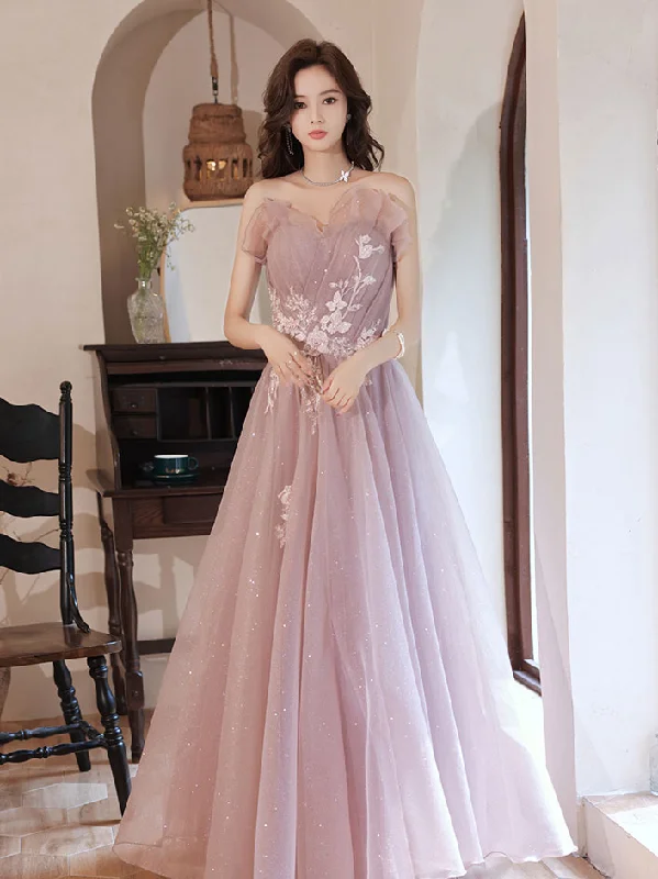Statement Sleeve Dress Pink A line Tulle Lace Applique Long Prom Dress, Pink Evening Dresses Statement Sleeve Dress Pink A line Tulle Lace Applique Long Prom Dress, Pink Evening Dresses
