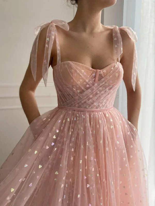 Metallic Formal Dress Sweetheart Neck Tulle Lace Short Pink Prom Dress, Pink Homecoming Dresses