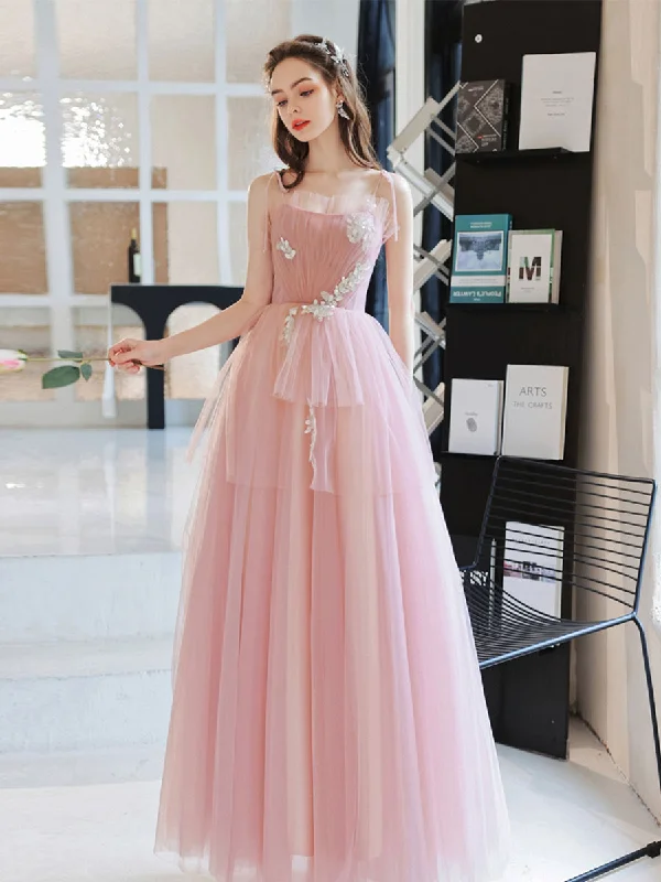 Polished Formal Dress Pink Tulle A line Long Prom Dress, Pink Tulle Evening Dresses