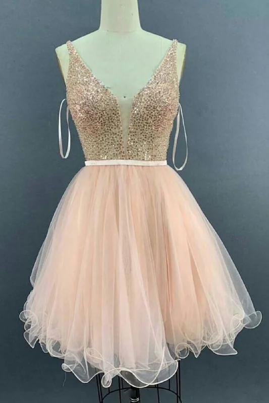 Applique Gown Pink Tulle V Neck Open Sequins Short Prom Dresses, V Neck Pink Homecoming Dresses, Pink Sequin Formal Evening Dresses Applique Gown Pink Tulle V Neck Open Sequins Short Prom Dresses, V Neck Pink Homecoming Dresses, Pink Sequin Formal Evening Dresses