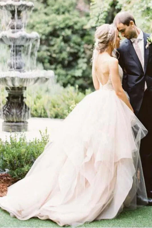Side Slit Gown Puffy Spaghetti Straps V Neck Backless Asymmetrical Light Pink Long Wedding Dress Side Slit Gown Puffy Spaghetti Straps V Neck Backless Asymmetrical Light Pink Long Wedding Dress