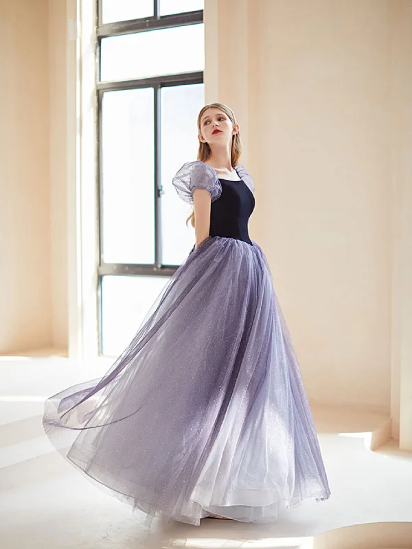 Lavish Evening Gown Purple A line Tulle Long Prom Dress, Purple Evening Dress
