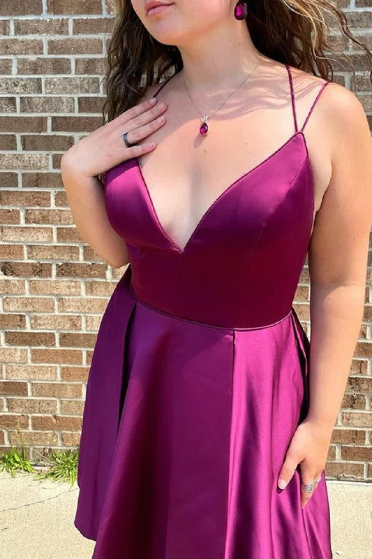 Striking Red Gown Purple Satin A Line V Neck Short Prom Dresses, V Neck Purple Homecoming Dresses, Purple Formal Evening Dresses WT1029 Striking Red Gown Purple Satin A Line V Neck Short Prom Dresses, V Neck Purple Homecoming Dresses, Purple Formal Evening Dresses WT1029