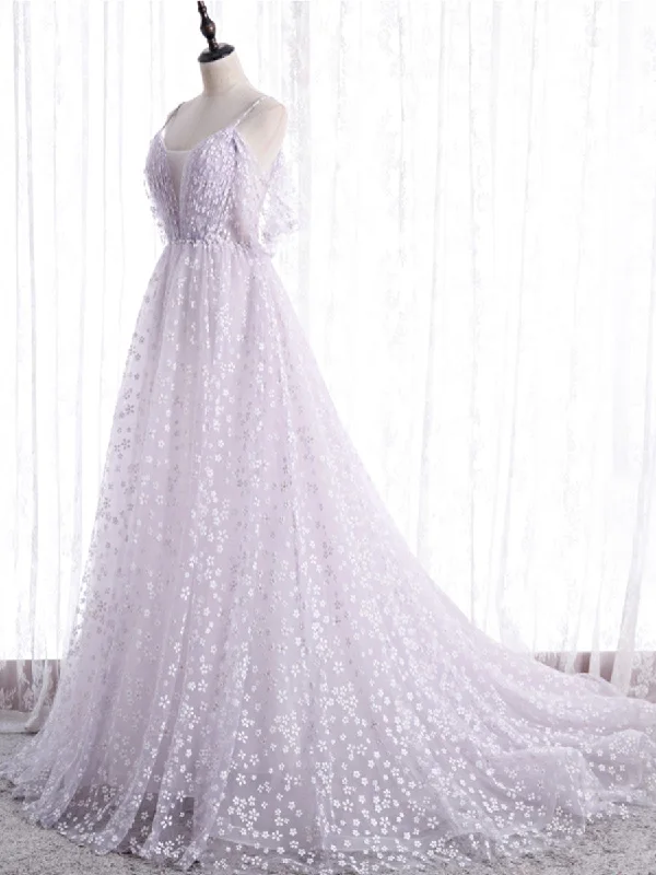 Lush Satin Gown Purple tulle off shoulder long prom dress, purple evening dress