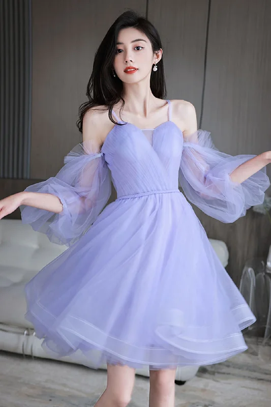 Fancy Embellished Dress Purple Tulle Princess Long Sleeves Short Prom Dresses, Purple Homecoming Dresses, Lilac Formal Evening Dresses WT1047 Fancy Embellished Dress Purple Tulle Princess Long Sleeves Short Prom Dresses, Purple Homecoming Dresses, Lilac Formal Evening Dresses WT1047