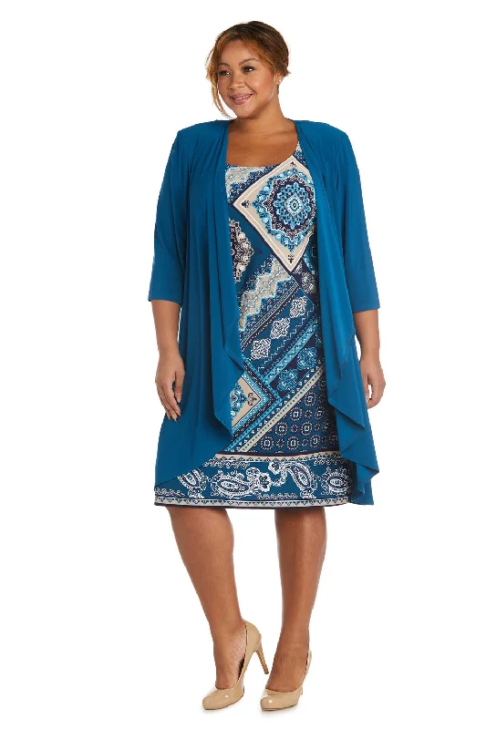 Luxury Satin Gown R&M Richards 7967W Short Puff Print Plus Size Dress