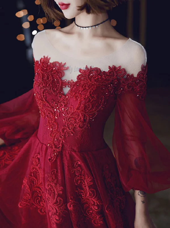 Unique Formal Dress Red A line Tulle Lace Long Prom Dress, Tulle Lace Evening Dress Unique Formal Dress Red A line Tulle Lace Long Prom Dress, Tulle Lace Evening Dress