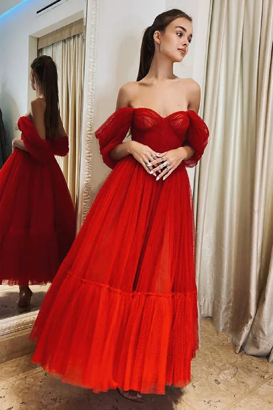 Delicate Lace Dress Red Tulle Off Shoulder Tea Length Prom Dresses, Red Homecoming Dresses, Off the Shoulder Formal Evening Dresses WT1038 Delicate Lace Dress Red Tulle Off Shoulder Tea Length Prom Dresses, Red Homecoming Dresses, Off the Shoulder Formal Evening Dresses WT1038