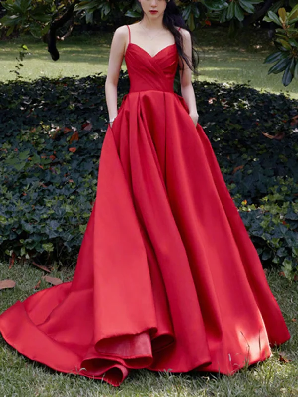 Garden Party Gown Red V Neck Satin Long Prom Dress, Red Formal Graduation Dresses