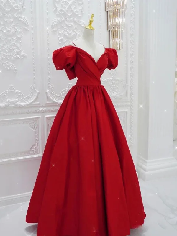 Gold Embellished Gown Red V Neck Satin Long Prom Dress, Red Formal Evening Dresses