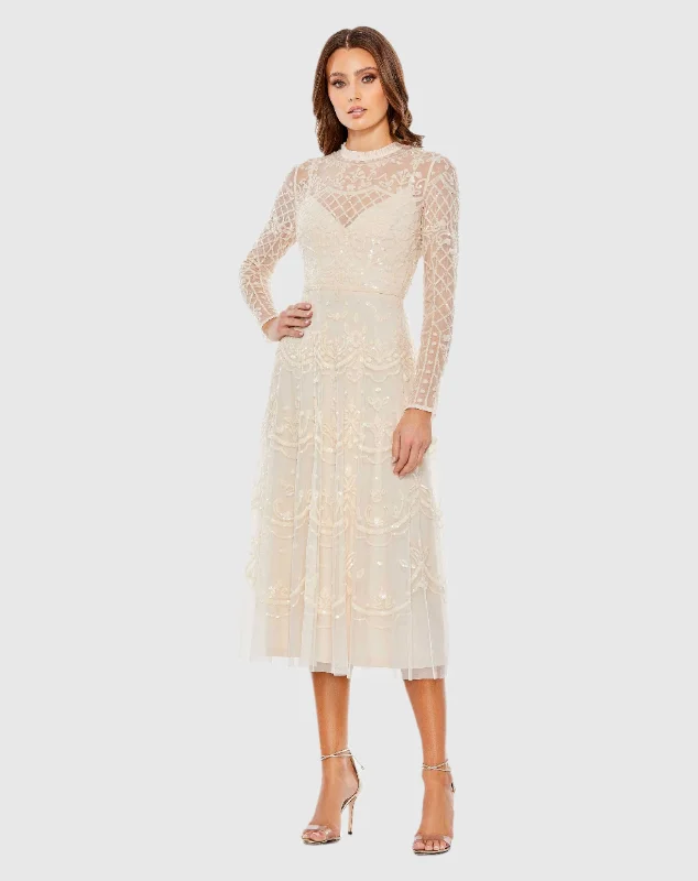 Delicate Lace Dress Sequined Illusion High Neck Long Sleeve Midi Dress