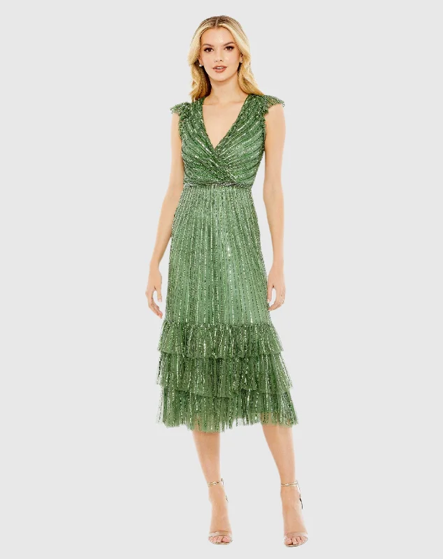 Side Slit Gown Sequined Wrap Over Cap Sleeve Ruffle Hem Dress