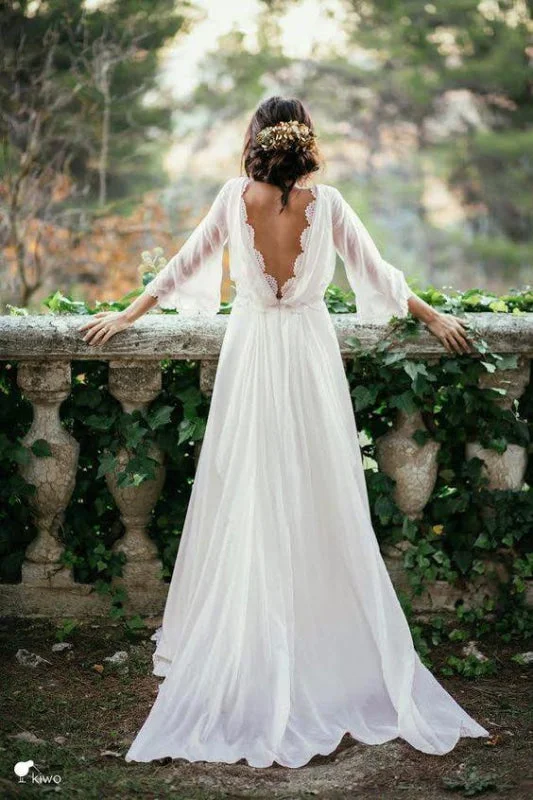 Dainty Chiffon Dress Sexy 3/4 Sleeves and Backless Long Chiffon Beach Wedding Dress Dainty Chiffon Dress Sexy 3/4 Sleeves and Backless Long Chiffon Beach Wedding Dress
