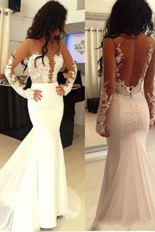 Figure-Flattering Gown Sexy Mermaid Hot Sale Open Back Long Sleeve Wedding Dress